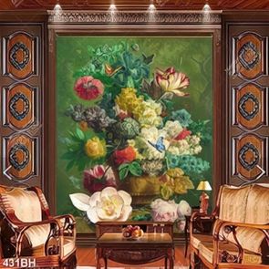 Tranh bình hoa decor trăm hoa khoe sắc bên chú bướm