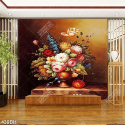 Tranh bình hoa sơn dầu bông hoa mẫu đơn dán tường