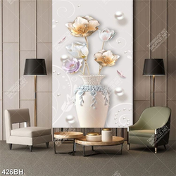 Tranh bình hoa in uv bông hoa vàng bên viên ngọc trai