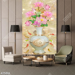 Tranh bình hoa sen hồng và đàn cá koi trang trí