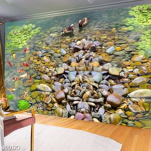 Tranh 3D cá koi và hoa sen trên nền sỏi in uv