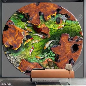 Tranh mặt gỗ và cá koi in sàn 3D