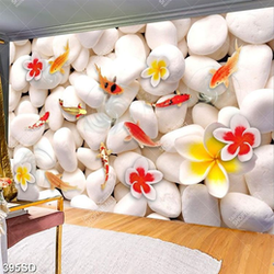 Tranh đá cuội trắng cá koi và hoa sứ in sàn 3D file gốc