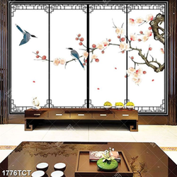 Tranh cây đào và chim in cửa và bình phong