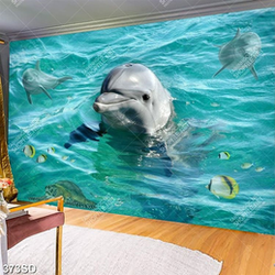 Tranh cá heo và mặt nước xanh in sàn 3D