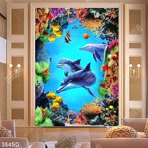 Tranh 3D trang trí nội thất cá heo dưới đại dương
