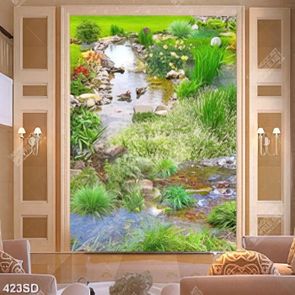 Tranh con suối và đàn cá koi đẹp in sàn 3D