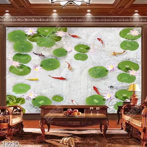 Tranh cá koi hoa sen và sỏi trắng in sàn 3D