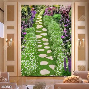 Tranh con đường lót đá giữa vườn hoa