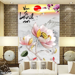 Tranh thư pháp in 3d đầm hoa sen vạn sự bình an