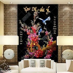 Tranh thư pháp in uv cành hoa đào đỏ vạn sự như ý