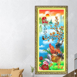 Tranh thư pháp nghệ thuật những chú gà trống và hoa