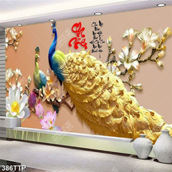 Tranh thư pháp trang trí đôi chim công bên cành hoa