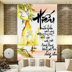 Tranh thư pháp in canvas con thuyền nhỏ dưới trăng