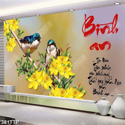 Tranh thư pháp nghệ thuật đôi chim non và cành mai