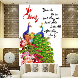 Tranh thư pháp psd hoa mẫu đơn và chim công