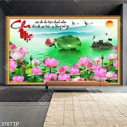 Tranh thư pháp treo tường đôi chim hạc bên hoa sen