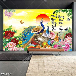 Tranh thư pháp in canvas ánh trăng bên chim công