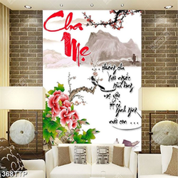 Tranh thư pháp in uv cành hoa đào bên ngọn núi