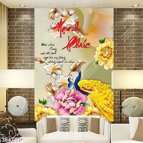 Tranh thư pháp nghệ thuật đôi chim công bên hoa