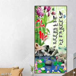 Tranh thư pháp in 3d cành hoa mộc lan bên con suối