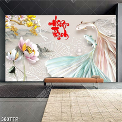 Tranh thư pháp trang trí hạnh phúc bên hoa sen