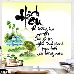 Tranh thư pháp treo tường ngôi nhà nhỏ bên chữ hiếu