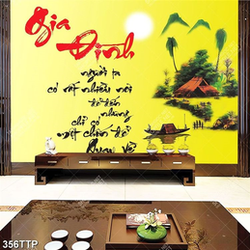 Tranh thư pháp in 3d gia đình bên ngôi nhà nhỏ