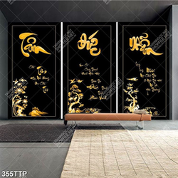 Tranh thư pháp in uv ghép ba tấm tâm đức nhẫn