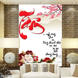 Tranh thư pháp trang trí cành đào khoe sắc thắm