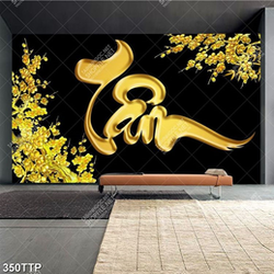 Tranh thư pháp in canvas cành hoa mai bên chữ tâm