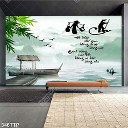 Tranh thư pháp in uv bụi tre xanh bên con thuyền