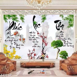 Tranh thư pháp in canvas ghép ba tấm phúc lộc thọ