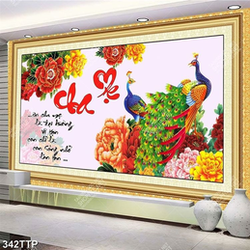 Tranh thư pháp nghệ thuật chim công và mẫu đơn