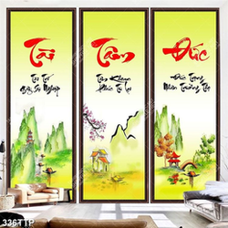 Tranh thư pháp trang trí ghép ba tấm tài tâm đức