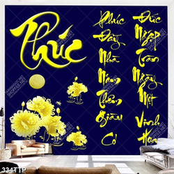 Tranh thư pháp in canvas hoa sen vàng và chữ phúc