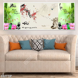 Tranh thư pháp in 3d đầm hoa sen bên hàng tre xanh