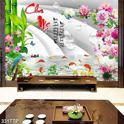 Tranh thư pháp psd hồ cá chép bên hoa mẫu đơn