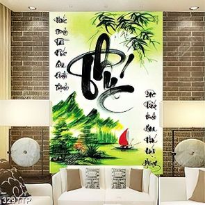 Tranh thư pháp trang trí chữ phúc bên con sông