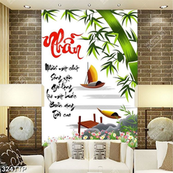 Tranh thư pháp psd cây cầu gỗ nhỏ trên mõm đá