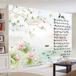 Tranh thư pháp trang trí cành hoa anh đào bên chim