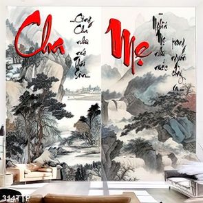 Tranh thư pháp in uv phong cảnh trên ngọn núi cao