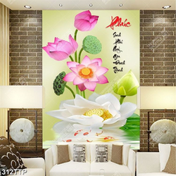 Tranh thư pháp treo tường chữ phúc bên sen hồng