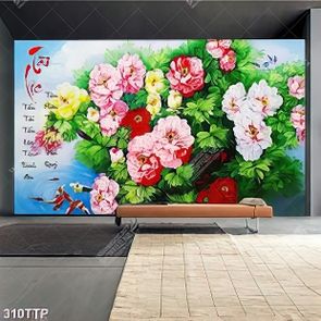 Tranh thư pháp nghệ thuật những bông hoa mẫu đơn