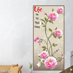 Tranh thư pháp in 3d nhành mẫu đơn thịnh vượng