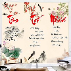 Tranh thư pháp in uv những chú chim bên hoa sen