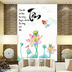 Tranh thư pháp trang trí chữ tâm bên đầm hoa sen