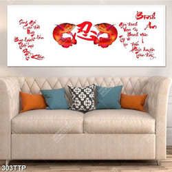 Tranh thư pháp treo tường đôi cá chép bên chữ hán