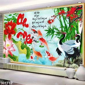 Tranh thư pháp nghệ thuật bông hoa sen và cá chép