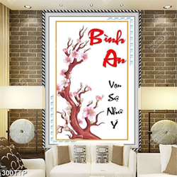Tranh thư pháp in 3d cành hoa đào vạn sự như ý